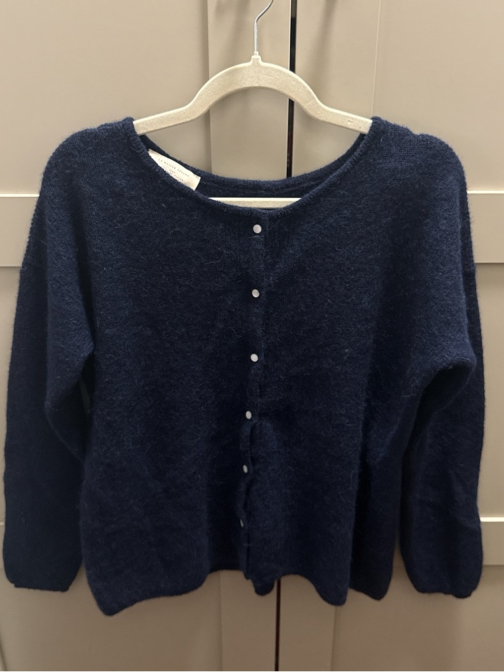 Sezane Navy Fuzzy Button-Front Cardigan